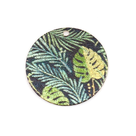 Image de 10 Pcs Breloques Peinture en Émail en Laiton Doré Vert Rond Feuilles Amas Stellaire 20mm Dia