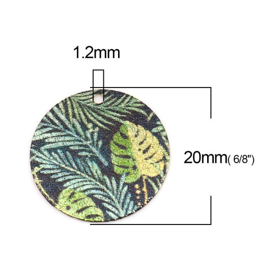 Image de 10 Pcs Breloques Peinture en Émail en Laiton Doré Vert Rond Feuilles Amas Stellaire 20mm Dia