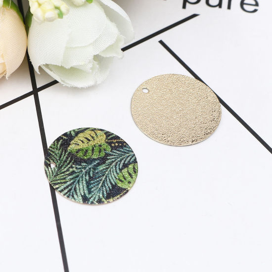 Image de 10 Pcs Breloques Peinture en Émail en Laiton Doré Vert Rond Feuilles Amas Stellaire 20mm Dia