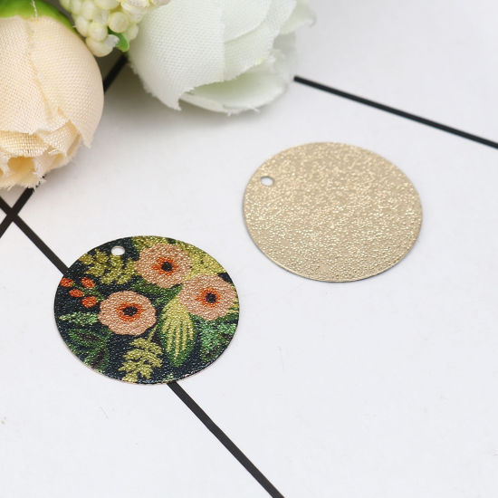 Image de 10 Pcs Breloques Peinture en Émail en Laiton Doré Multicolore Rond Feuilles de Fleur Amas Stellaire 20mm Dia