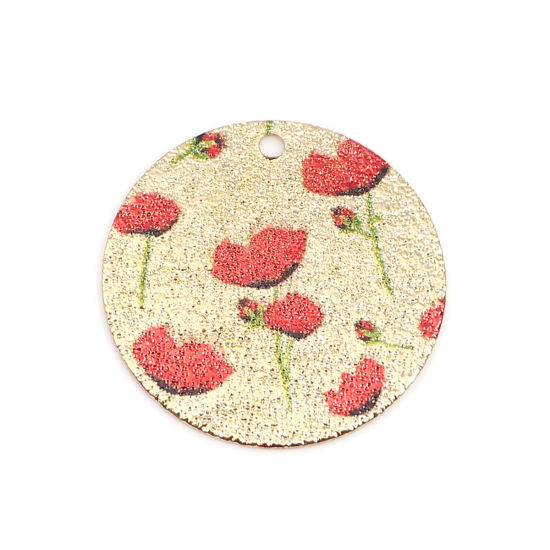 Image de 10 Pcs Breloques Peinture en Émail en Laiton Doré Rouge & Vert Rond Feuilles de Fleur Amas Stellaire 20mm Dia