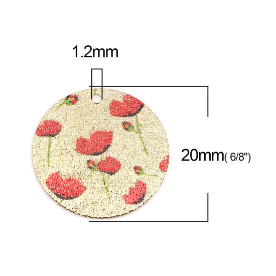 Image de 10 Pcs Breloques Peinture en Émail en Laiton Doré Rouge & Vert Rond Feuilles de Fleur Amas Stellaire 20mm Dia
