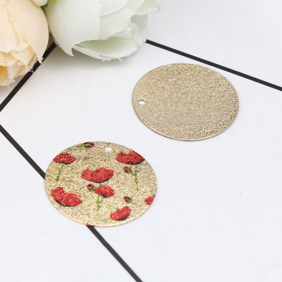 Image de 10 Pcs Breloques Peinture en Émail en Laiton Doré Rouge & Vert Rond Feuilles de Fleur Amas Stellaire 20mm Dia