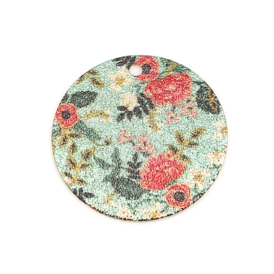 Image de 10 Pcs Breloques Peinture en Émail en Laiton Doré Rouge & Vert Rond Fleurs Amas Stellaire 20mm Dia