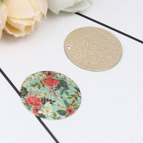 Image de 10 Pcs Breloques Peinture en Émail en Laiton Doré Rouge & Vert Rond Fleurs Amas Stellaire 20mm Dia