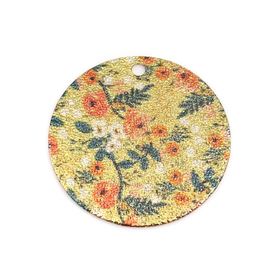Image de 10 Pcs Breloques Peinture en Émail en Laiton Doré Vert & Orange Rond Feuilles de Fleur Amas Stellaire 20mm Dia