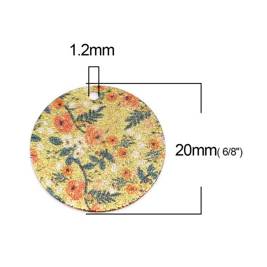 Image de 10 Pcs Breloques Peinture en Émail en Laiton Doré Vert & Orange Rond Feuilles de Fleur Amas Stellaire 20mm Dia