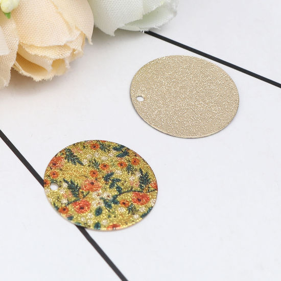 Image de 10 Pcs Breloques Peinture en Émail en Laiton Doré Vert & Orange Rond Feuilles de Fleur Amas Stellaire 20mm Dia