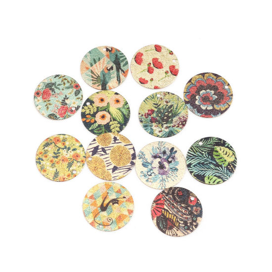 Image de 10 Pcs Breloques Peinture en Émail en Laiton Doré Vert & Orange Rond Feuilles de Fleur Amas Stellaire 20mm Dia