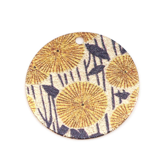 Image de 10 Pcs Breloques Peinture en Émail en Laiton Doré Noir & Jaune Rond Fleurs Amas Stellaire 20mm Dia