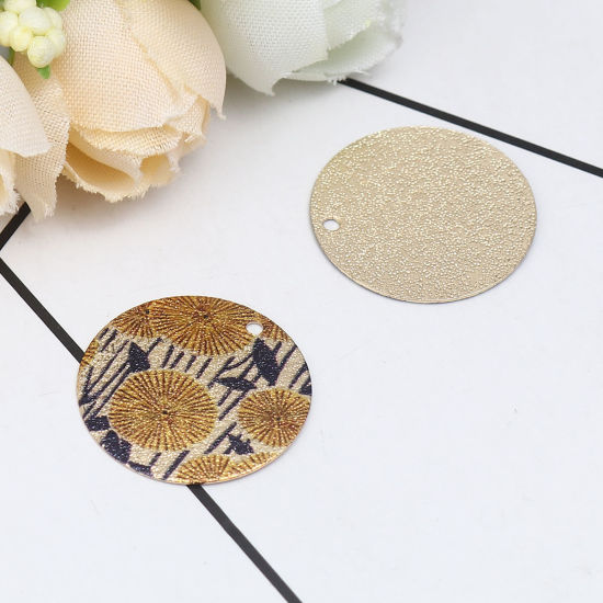 Image de 10 Pcs Breloques Peinture en Émail en Laiton Doré Noir & Jaune Rond Fleurs Amas Stellaire 20mm Dia