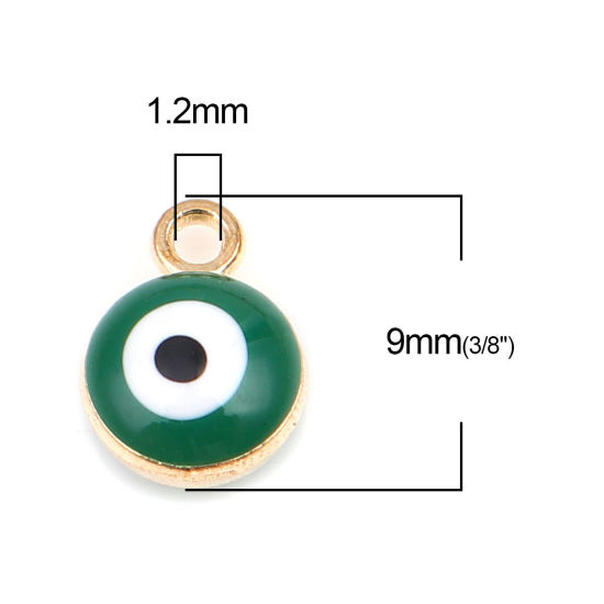 Изображение Цинковый Сплав религия Подвески Круглые Позолоченный Зеленый Злой Глаз 9мм x 7мм, 20 ШТ
