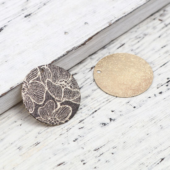 Image de 10 Pcs Breloques Peinture en Émail en Laiton Doré Noir Rond Fleur de Lotus Amas Stellaire 20mm Dia