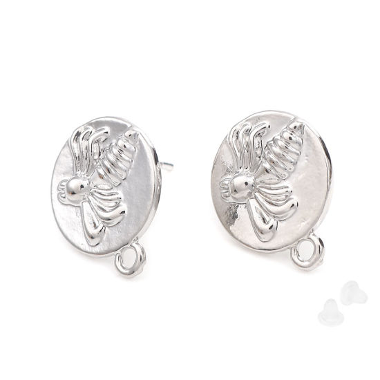 Image de Boucles d'Oreilles Puces Insecte en Alliage de Zinc Rond Argent Mat Abeille avec Boucle 18mm x 15mm, Epaisseur de Fil: (20 gauge), 4 Pcs
