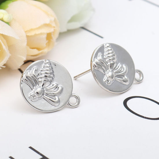 Image de Boucles d'Oreilles Puces Insecte en Alliage de Zinc Rond Argent Mat Abeille avec Boucle 18mm x 15mm, Epaisseur de Fil: (20 gauge), 4 Pcs