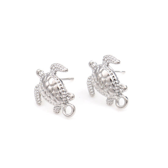 Image de Boucles d'Oreilles Puces Bijoux d'Océan en Alliage de Zinc Tortue de Mer Argent Mat avec Boucle 17mm x 14mm, Epaisseur de Fil: (20 gauge), 4 Pcs
