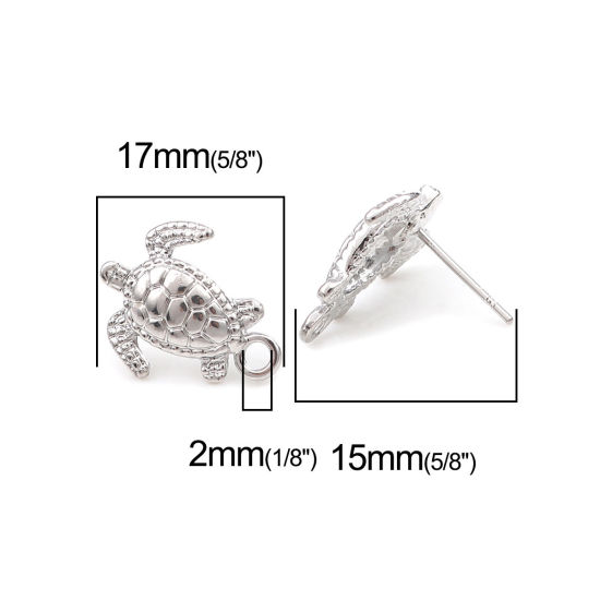 Image de Boucles d'Oreilles Puces Bijoux d'Océan en Alliage de Zinc Tortue de Mer Argent Mat avec Boucle 17mm x 14mm, Epaisseur de Fil: (20 gauge), 4 Pcs
