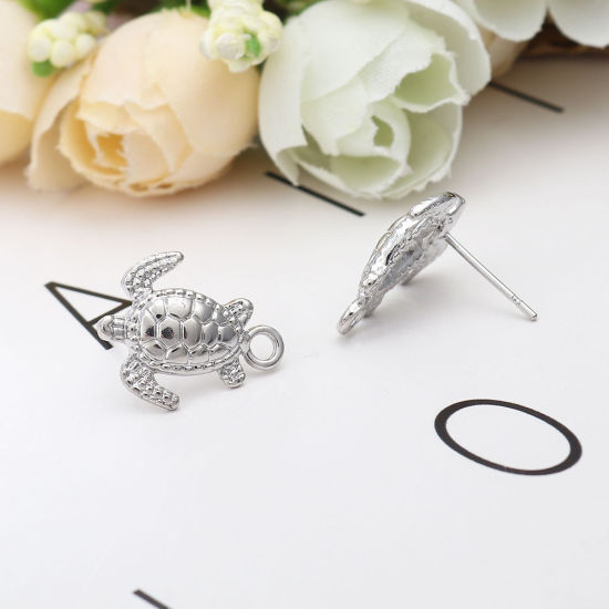 Image de Boucles d'Oreilles Puces Bijoux d'Océan en Alliage de Zinc Tortue de Mer Argent Mat avec Boucle 17mm x 14mm, Epaisseur de Fil: (20 gauge), 4 Pcs