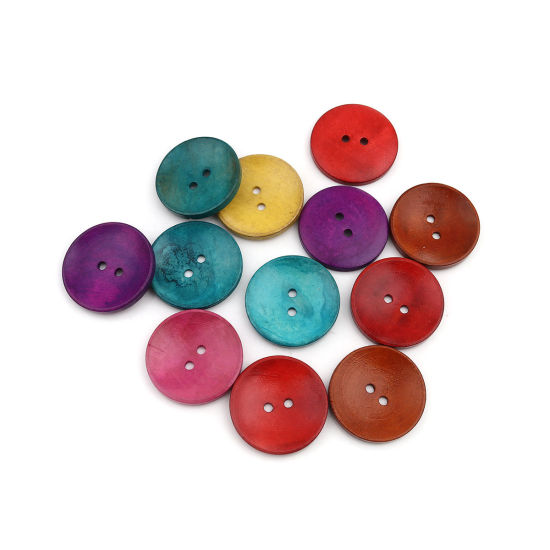 Image de Bouton de Couture en Bois Naturel Deux Trous Rond Couleur au Hasard 35mm Dia, 50 Pcs