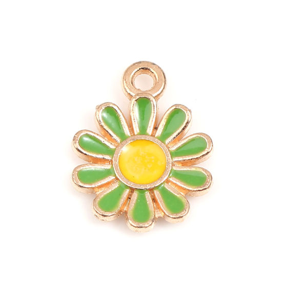 Picture of Zinc Based Alloy Charms Daisy Flower Gold Plated Green & Yellow Enamel 15mm x 11mm, 20 PCs