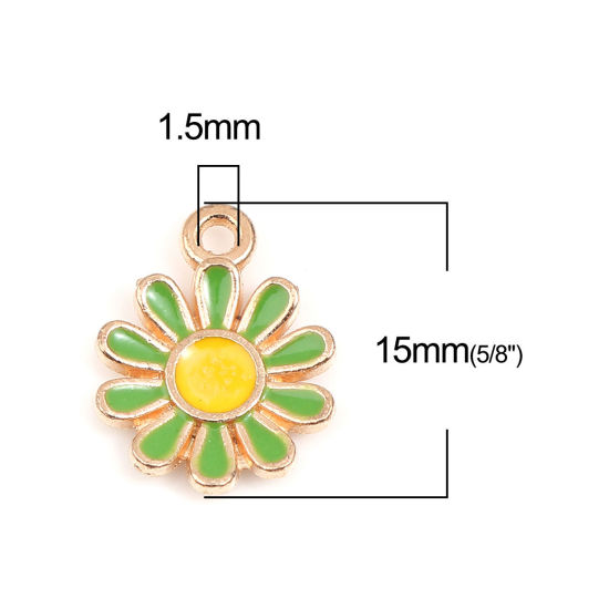 Picture of Zinc Based Alloy Charms Daisy Flower Gold Plated Green & Yellow Enamel 15mm x 11mm, 20 PCs