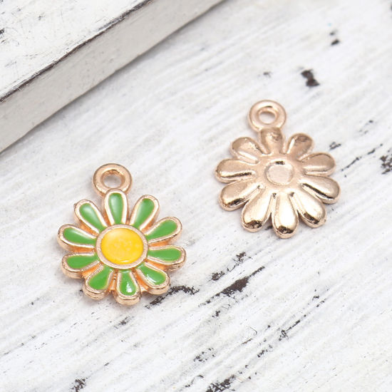 Picture of Zinc Based Alloy Charms Daisy Flower Gold Plated Green & Yellow Enamel 15mm x 11mm, 20 PCs