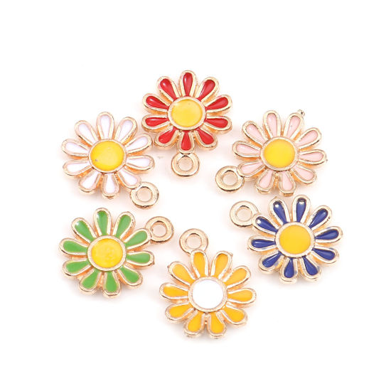 Picture of Zinc Based Alloy Charms Daisy Flower Gold Plated Green & Yellow Enamel 15mm x 11mm, 20 PCs