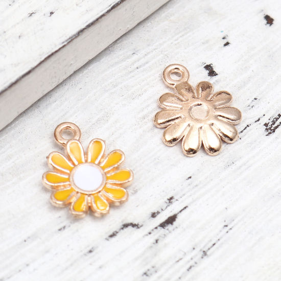 Picture of Zinc Based Alloy Charms Daisy Flower Gold Plated White & Yellow Enamel 15mm x 11mm, 20 PCs
