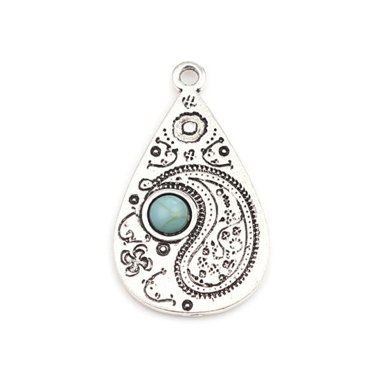 Picture of Zinc Based Alloy & Acrylic Pendants Drop Antique Silver Color Green Blue Imitation Turquoise 33mm x 19mm, 5 PCs