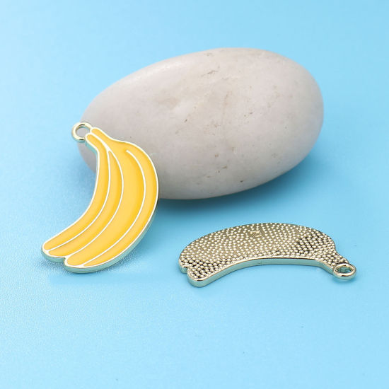 Bild von Zinklegierung Charms Banana Vergoldet Gelb Emaille 28mm x 17mm, 5 Stück