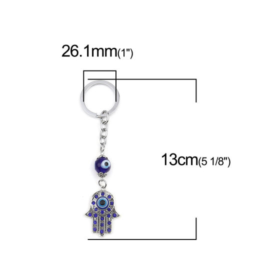 宗教 キーチェーンとキーリング シルバートーン 手のひら 邪眼 ミッドナイトブルーラインストーン 13cm x 3.3cm、 1 個 の画像