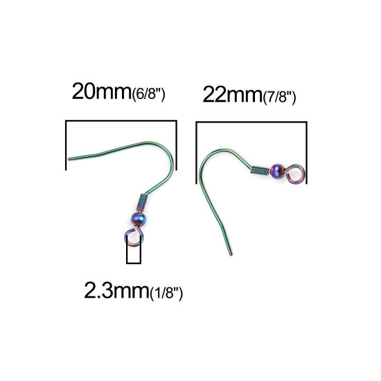 Picture of 304 Stainless Steel Ear Wire Hooks Earrings For DIY Jewelry Making Accessories Hook Rainbow Color Plated With Loop 22mm x 20mm, Post/ Wire Size: (21 gauge), 20 PCs