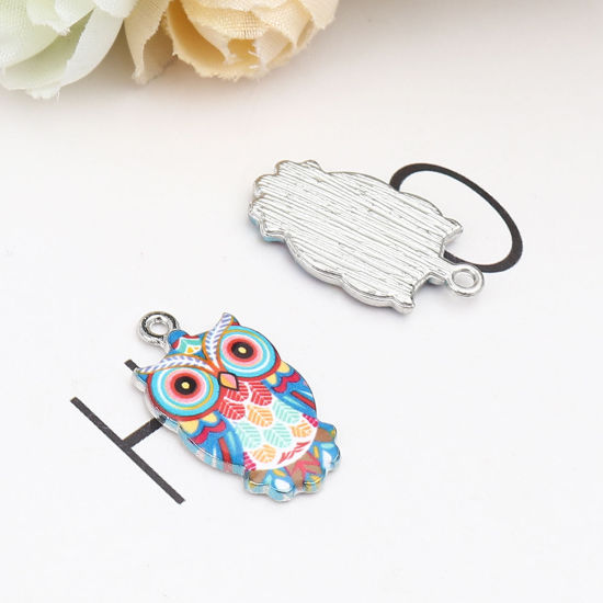 Image de Breloques Halloween en Alliage de Zinc Hibou Argent Mat Multicolore Émail 23mm x 13mm, 10 Pcs