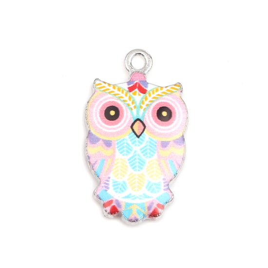 Image de Breloques Halloween en Alliage de Zinc Hibou Argent Mat Multicolore Émail 23mm x 13mm, 10 Pcs
