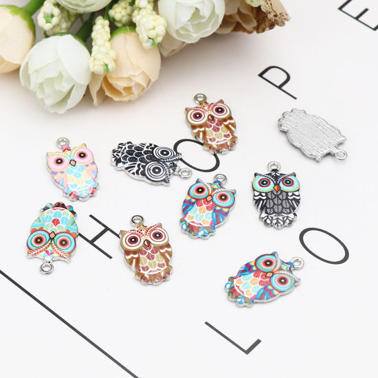 Image de Breloques Halloween en Alliage de Zinc Hibou Argent Mat Multicolore Émail 23mm x 13mm, 10 Pcs