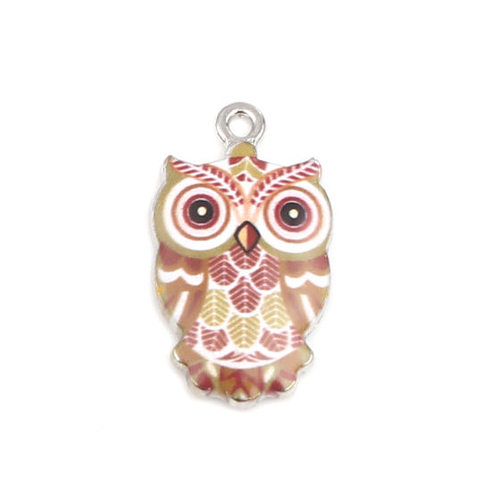 Image de Breloques Halloween en Alliage de Zinc Hibou Argent Mat Café Émail 23mm x 13mm, 10 Pcs