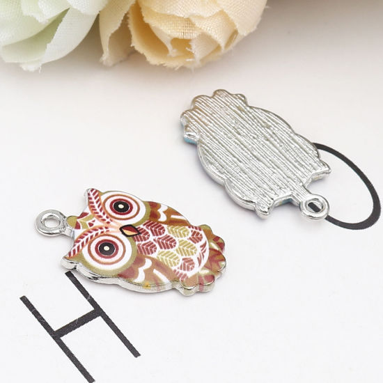 Image de Breloques Halloween en Alliage de Zinc Hibou Argent Mat Café Émail 23mm x 13mm, 10 Pcs