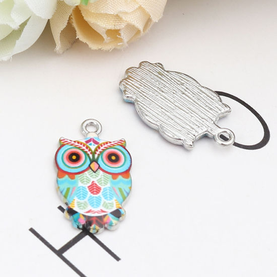 Image de Breloques Halloween en Alliage de Zinc Hibou Argent Mat Multicolore Émail 23mm x 13mm, 10 Pcs
