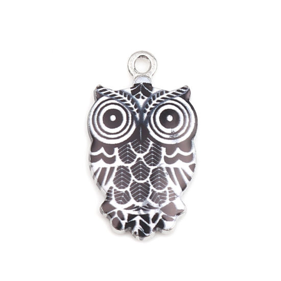 Image de Breloques Halloween en Alliage de Zinc Hibou Argent Mat Noir & Blanc Émail 23mm x 13mm, 10 Pcs