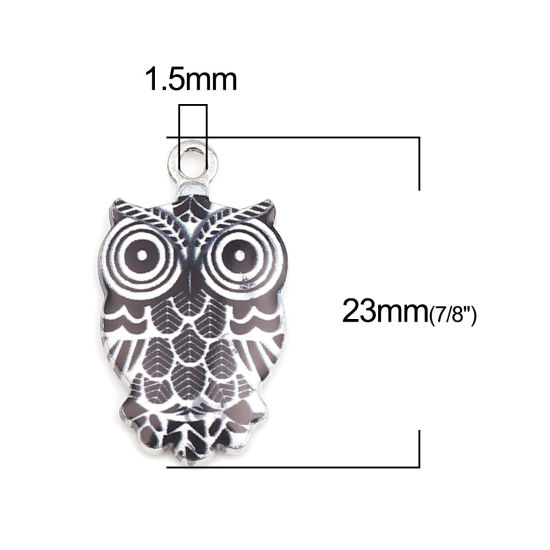 Image de Breloques Halloween en Alliage de Zinc Hibou Argent Mat Noir & Blanc Émail 23mm x 13mm, 10 Pcs
