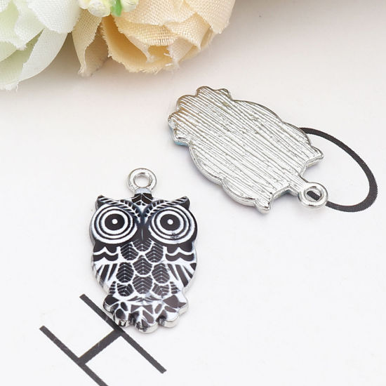 Image de Breloques Halloween en Alliage de Zinc Hibou Argent Mat Noir & Blanc Émail 23mm x 13mm, 10 Pcs