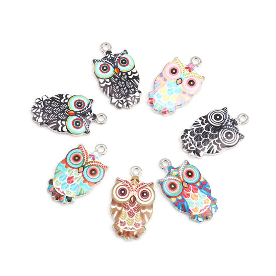 Image de Breloques Halloween en Alliage de Zinc Hibou Argent Mat Noir & Blanc Émail 23mm x 13mm, 10 Pcs