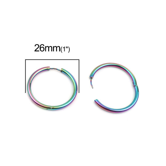 Image de Boucles d'Oreilles Créole Anneaux en 304 Acier Inoxydable Plaqué de Couleur Arc-en-ciel Annulaire 26mm Dia., Epaisseur de Fil: (19 gauge), 1 Paire