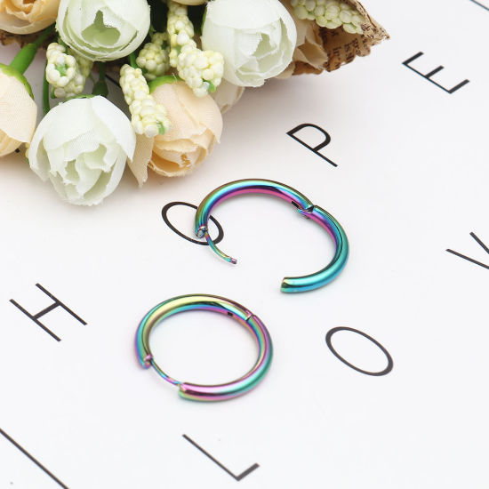 Image de Boucles d'Oreilles Créole Anneaux en 304 Acier Inoxydable Plaqué de Couleur Arc-en-ciel Annulaire 26mm Dia., Epaisseur de Fil: (19 gauge), 1 Paire