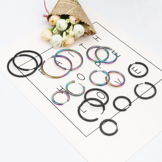 Image de Boucles d'Oreilles Créole Anneaux en 304 Acier Inoxydable Plaqué de Couleur Arc-en-ciel Annulaire 26mm Dia., Epaisseur de Fil: (19 gauge), 1 Paire