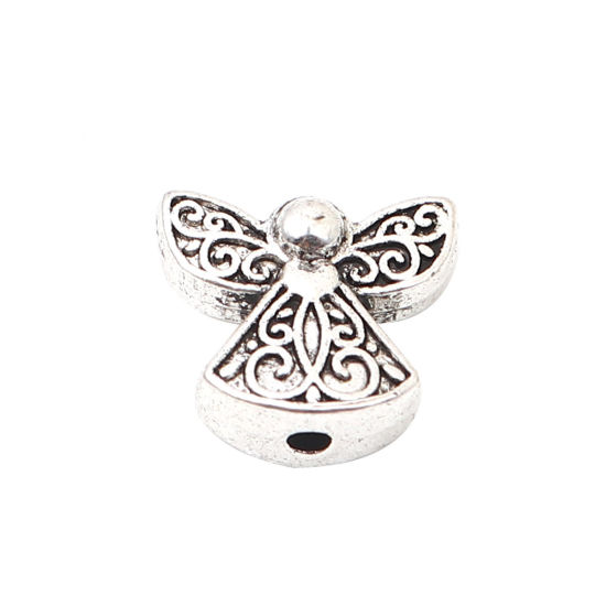 Immagine di Lega di Zinco Religione Perline Angelo Argento Antico Intagliato Scolpisce Circa 14mm x 12mm, Foro:Circa 1.8mm, 60 Pz