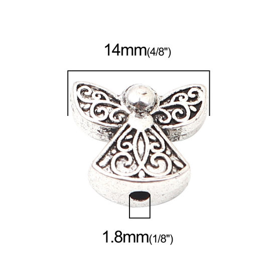 Immagine di Lega di Zinco Religione Perline Angelo Argento Antico Intagliato Scolpisce Circa 14mm x 12mm, Foro:Circa 1.8mm, 60 Pz