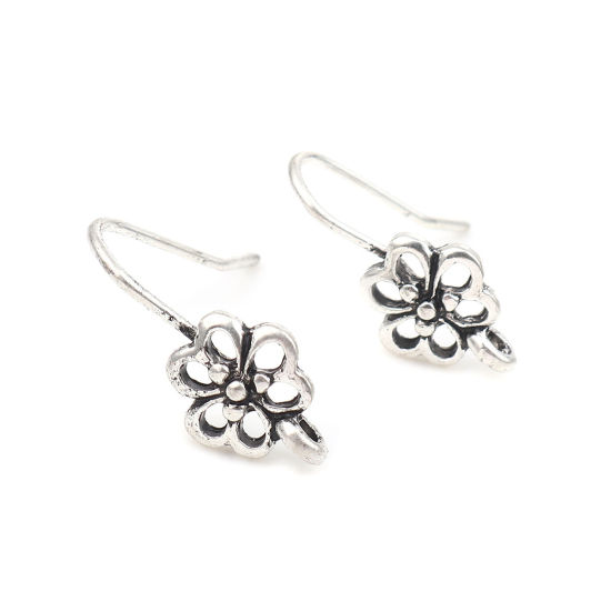 Picture of Zinc Based Alloy Ear Wire Hooks Earring Findings Flower Antique Silver Color W/ Loop 22mm x 10mm, Post/ Wire Size: (19 gauge), 10 PCs