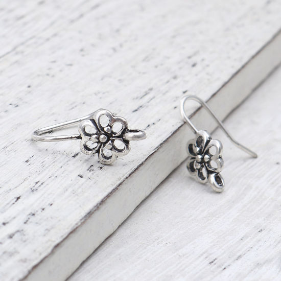 Picture of Zinc Based Alloy Ear Wire Hooks Earring Findings Flower Antique Silver Color W/ Loop 22mm x 10mm, Post/ Wire Size: (19 gauge), 10 PCs