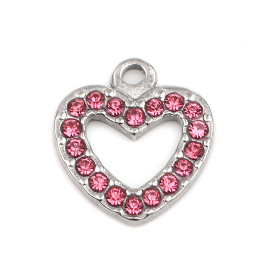 Immagine di 304 Acciaio Inossidabile Charms Cuore Tono Argento Roso Strass 15mm x 14mm, 2 Pz